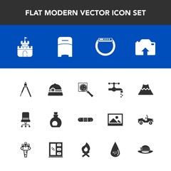 Modern, simple vector icon set with time, medical, upload, armchair, crater, water, sand, white, oil, health, magnifier, mediterranean, olive, instrument, divider, watch, sink, bedroom, photo icons