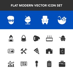 Modern, simple vector icon set with guitar, identity, pizza, cake, icecream, bed, chair, card, bedroom, glass, tool, couple, food, armchair, hammer, wedding, wrench, fashion, love, service, room icons