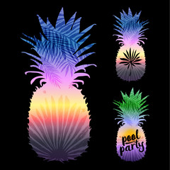 pineapple silhouette with tropical palm leaves on a black background. Vector illustration, design element for congratulation cards, t-shirt, print, banners and others