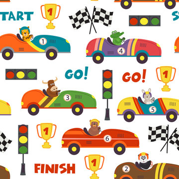 seamless pattern with race cars and animals - vector illustration, eps