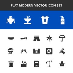 Fototapeta premium Modern, simple vector icon set with wear, hotdog, light, cooking, drink, template, torch, palm, home, umbrella, sport, grunge, flashlight, lamp, cyborg, video, weather, android, wine, glass, bbq icons