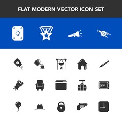 Modern, simple vector icon set with flame, electric, bonfire, house, baby, furniture, equipment, real, military, internet, health, play, tea, armchair, estate, war, lamp, medal, floral, sign icons