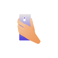 Hand holding smartphone with camera on back side isolated on white background. Cartoon vector illustration of wrist making photo with blue gradient mobile phone.