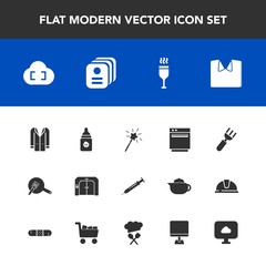 Modern, simple vector icon set with coat, magic, plastic, kitchen, sign, dinner, cooking, card, jacket, white, identity, fashion, food, wand, glass, nutrition, shirt, internet, needle, oven, pan icons