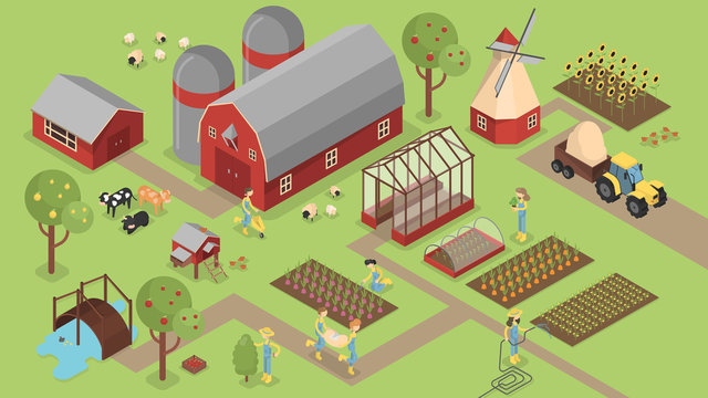 Isometric Farm With Animals.