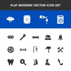 Modern, simple vector icon set with fan, bow, immigration, water, notification, cooking, equipment, food, travel, drink, glass, japanese, alarm, bell, wine, kitchen, snorkel, passport, red, sea icons