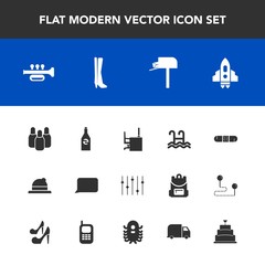 Modern, simple vector icon set with speech, post, work, mailbox, liquid, sport, hat, cake, health, mail, beverage, space, office, bowling, bubble, headwear, spaceship, fashion, dessert, white icons