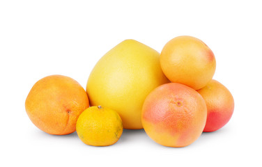 Isolated citrus fruits. Pieces of lemon, lime, pink grapefruit and orange isolated on white background, with clipping path