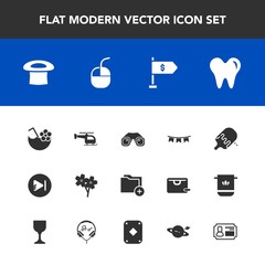 Modern, simple vector icon set with spring, file, cream, computer, equipment, media, flower, binocular, celebration, sakura, helicopter, mouse, music, dentist, healthy, cocktail, food, happy icons