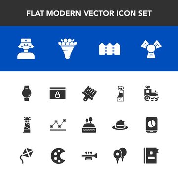 Modern, simple vector icon set with cake, cold, time, toy, health, housework, locomotive, food, floral, business, website, decoration, bouquet, care, spray, fence, data, chart, lighthouse, watch icons