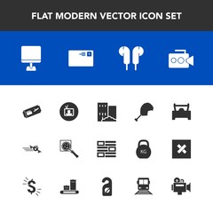 Modern, simple vector icon set with flight, travel, music, technology, camera, car, magnifier, equipment, computer, pc, ticket, label, handle, estate, laptop, transportation, chicken, bird, news icons