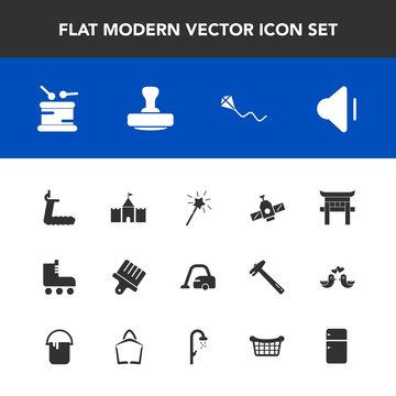 Modern, simple vector icon set with white, sound, refrigerator, japanese, space, skate, housework, mark, technology, home, fitness, domestic, wand, orbit, magic, leisure, summer, kite, fun, gym icons
