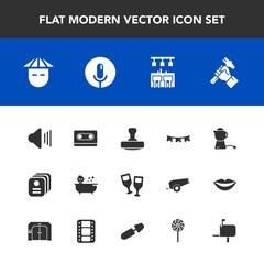 Modern, simple vector icon set with cassette, drink, helmet, asian, foreman, flag, baby, card, bar, celebration, shower, stamp, japanese, up, sound, voice, wine, holiday, identity, audio, tape icons
