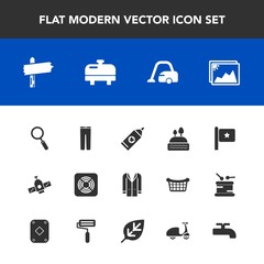 Modern, simple vector icon set with nation, station, vacuum, frame, pants, coat, health, america, jacket, trousers, flag, housework, photo, clothing, clothes, space, orbit, technology, glass icons