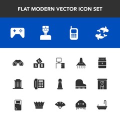 Modern, simple vector icon set with office, kitchen, education, chess, game, old, white, doctor, strategy, medical, nutrition, binocular, toilet, monster, alien, seafood, architecture, city, abc icons