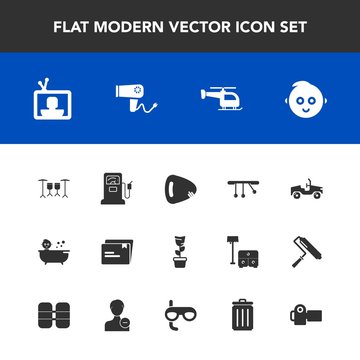 Modern, simple vector icon set with kid, baby, screen, room, home, car, photography, hair, musical, tv, pendulum, child, helicopter, shower, blow, bin, television, garbage, guitar, file, camera icons