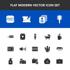 Modern, simple vector icon set with drink, cup, business, food, transportation, kid, health, identity, hair, temperature, game, baby, money, hamburger, speed, road, finance, sand, bank, bus, hot icons