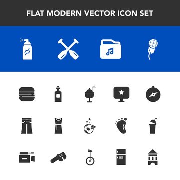Modern, simple vector icon set with paint, beverage, burger, grunge, science, bottle, drink, music, snack, dessert, audio, abstract, spaceship, karaoke, sign, mic, paddle, computer, cheeseburger icons