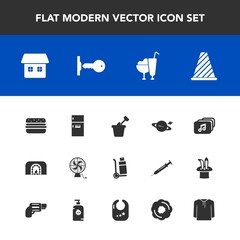 Modern, simple vector icon set with road, fan, refrigerator, truck, sign, summer, dessert, kitchen, freezer, saturn, christmas, cream, astronomy, music, warm, clothing, key, food, ice, door, air icons