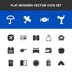 Modern, simple vector icon set with clothing, car, jam, space, plane, martini, bag, equipment, outdoor, , lollipop, astronaut, musical, rain, flight, cylinder, travel, food, alcohol, aircraft icons