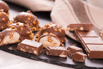 Chocolate truffles with caramel cream filling. 