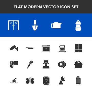 Modern, simple vector icon set with work, safety, entrance, caffeine, pan, bottle, surveillance, signal, espresso, medical, camera, security, internet, media, architecture, coffee, photographer icons