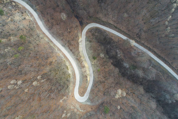 aerial Drone flight over forest and dirt road in a forest in Austria in march