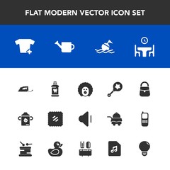 Fototapeta premium Modern, simple vector icon set with family, milk, electric, up, clean, food, circus, clothing, home, buoy, letter, clown, music, infant, life, work, rattle, audio, help, volume, iron, dinner icons