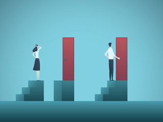 Business inequality vector concept with businessman and businesswoman figure on steps. Symbol of discrimination, gender gap, injustice, unequal opportunities.