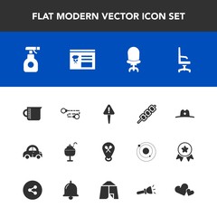 Modern, simple vector icon set with hat, interior, heart, vehicle, spray, equipment, transport, container, texas, menu, pesticide, romance, sheriff, food, meat, exclamation, restaurant, home icons