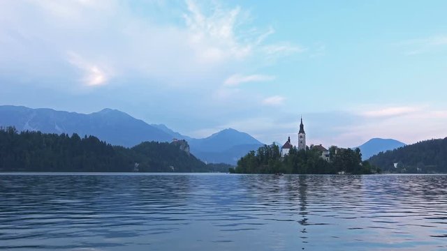 Evening on Island Bled in the Julian Alps in Slovenia. 4K Video Clip