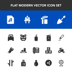 Modern, simple vector icon set with tool, rocket, communication, luggage, shovel, technology, bag, craft, animal, spaceship, music, london, vehicle, clean, beautiful, blossom, holiday, asian icons