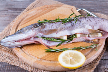 Fresh fish with lemon, lime, rosemary, salt and pepper on wooden board