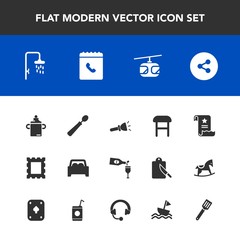 Modern, simple vector icon set with sign, rail, office, drink, bath, paper, plastic, milk, train, lamp, transportation, shine, chair, file, media, blue, dinner, wine, armchair, electric, kitchen icons