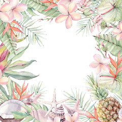 watercolor flower tropical circle frame.