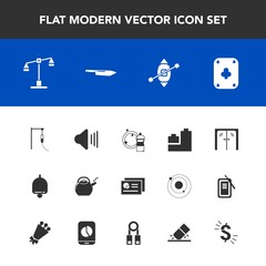 Modern, simple vector icon set with currency, eraser, graph, kitchen, boat, glass, sailboat, equipment, bell, audio, law, play, handle, ball, architecture, judge, travel, ship, broom, medicine icons