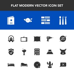 Modern, simple vector icon set with planet, favour, saturn, television, hand, machine, work, drink, check, bed, home, drill, city, knife, space, news, luggage, bellboy, white, soft, architecture icons