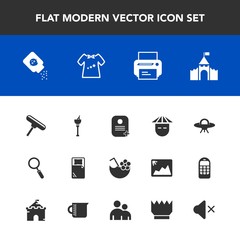 Modern, simple vector icon set with technology, bed, alien, print, white, baby, powder, kid, building, japanese, brush, bucket, young, chinese, child, drink, ufo, cocktail, glass, volume, summer icons