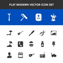 Modern, simple vector icon set with van, drill, musical, picture, music, vehicle, pen, roll, phone, sea, frame, travel, chair, palm, ice, island, roller, summer, brush, photo, razor, beach, red icons