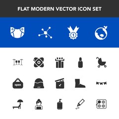 Modern, simple vector icon set with celebration, sport, world, diaper, astronomy, toy, baby, box, flight, bear, holiday, newborn, clothing, ball, play, stroller, atom, business, carriage, infant icons