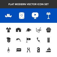 Modern, simple vector icon set with nature, headwear, video, scuba, location, poker, photo, transportation, graphic, finance, media, game, sport, dolphin, kimono, music, boat, ocean, pasta, hat icons