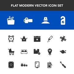 Modern, simple vector icon set with care, privacy, science, bed, spaceship, photography, orbit, office, technology, t-shirt, fashion, hour, restaurant, watch, photographer, camera, alarm, clock icons