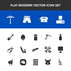 Modern, simple vector icon set with sport, phone, shower, competitive, ring, dentist, food, contact, shovel, drill, medical, saw, seasoning, human, equipment, alarm, construction, ball, clinic icons