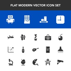 Modern, simple vector icon set with computer, futuristic, cyborg, ice, green, device, makeup, room, travel, clean, safety, chocolate, hygiene, flight, black, bar, time, security, technology, pot icons