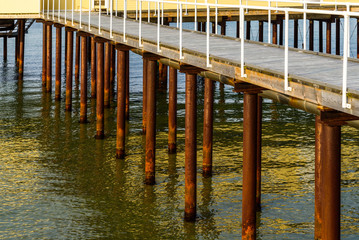 Brown and rusty iron poles underneath a wooden pier.