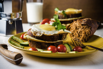 Dish of sandwich with fried eggs, cucumbers and cherry-tomatoes with bread and milk on linen tablecloth, dark and moody.