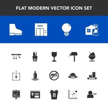 Modern, Simple Vector Icon Set With Post, Alcohol, Hygiene, Light, Food, Office, Idea, Download, Footwear, Mailbox, Housework, Toothbrush, Message, Fashion, Health, Air, Spray, Wine, Cleaner Icons