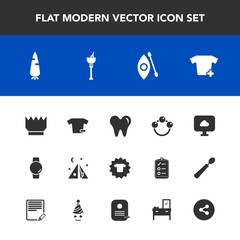 Fototapeta premium Modern, simple vector icon set with baby, royal, fresh, gadget, activity, healthy, adventure, drink, raw, king, water, alcohol, clothes, dental, carrot, camp, shirt, food, travel, kayaking, toy icons