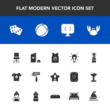 Modern, simple vector icon set with brochure, dice, casino, seafood, chair, fresh, basketball, lighthouse, roller, comfortable, ocean, roll, achievement, beacon, baby, kid, armchair, gambling icons