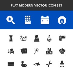 Modern, simple vector icon set with chocolate, game, character, engagement, technology, holiday, wedding, clothes, play, camera, traffic, dress, magic, diamond, female, medicine, poker, romance icons